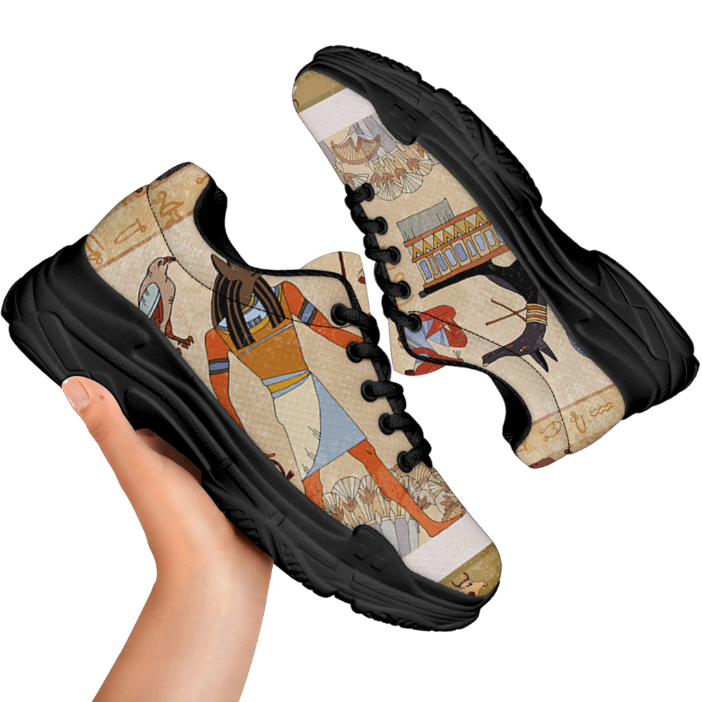 Egyptian Gods And Pharaohs Print Black Chunky Shoes