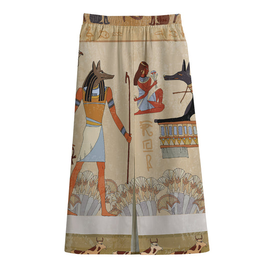 Egyptian Gods And Pharaohs Print Cotton Front Slit Maxi Skirt