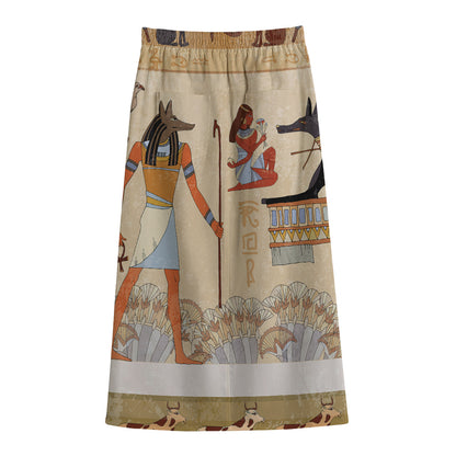 Egyptian Gods And Pharaohs Print Cotton Front Slit Maxi Skirt