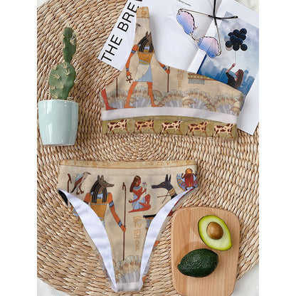 Egyptian Gods And Pharaohs Print One Shoulder Bikini Top