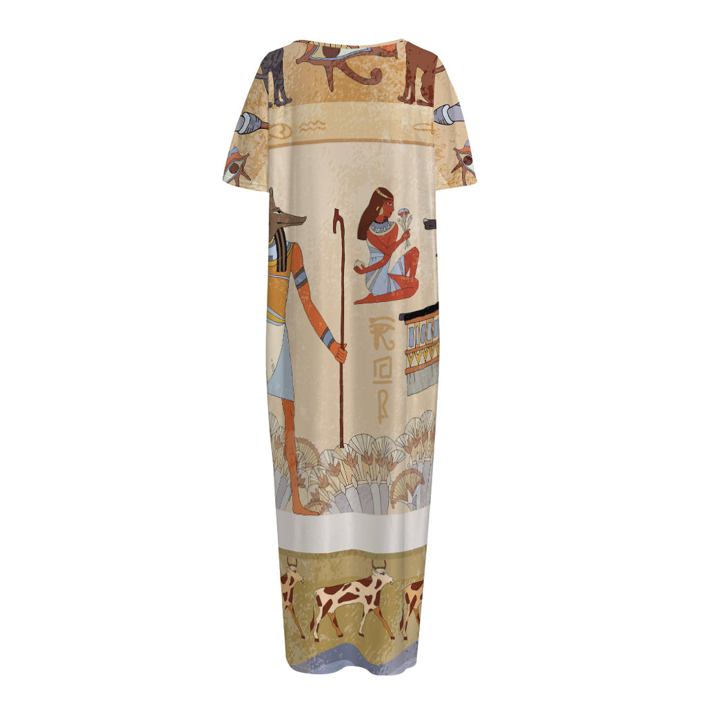 Egyptian Gods And Pharaohs Print Short Sleeve Long Nightdress