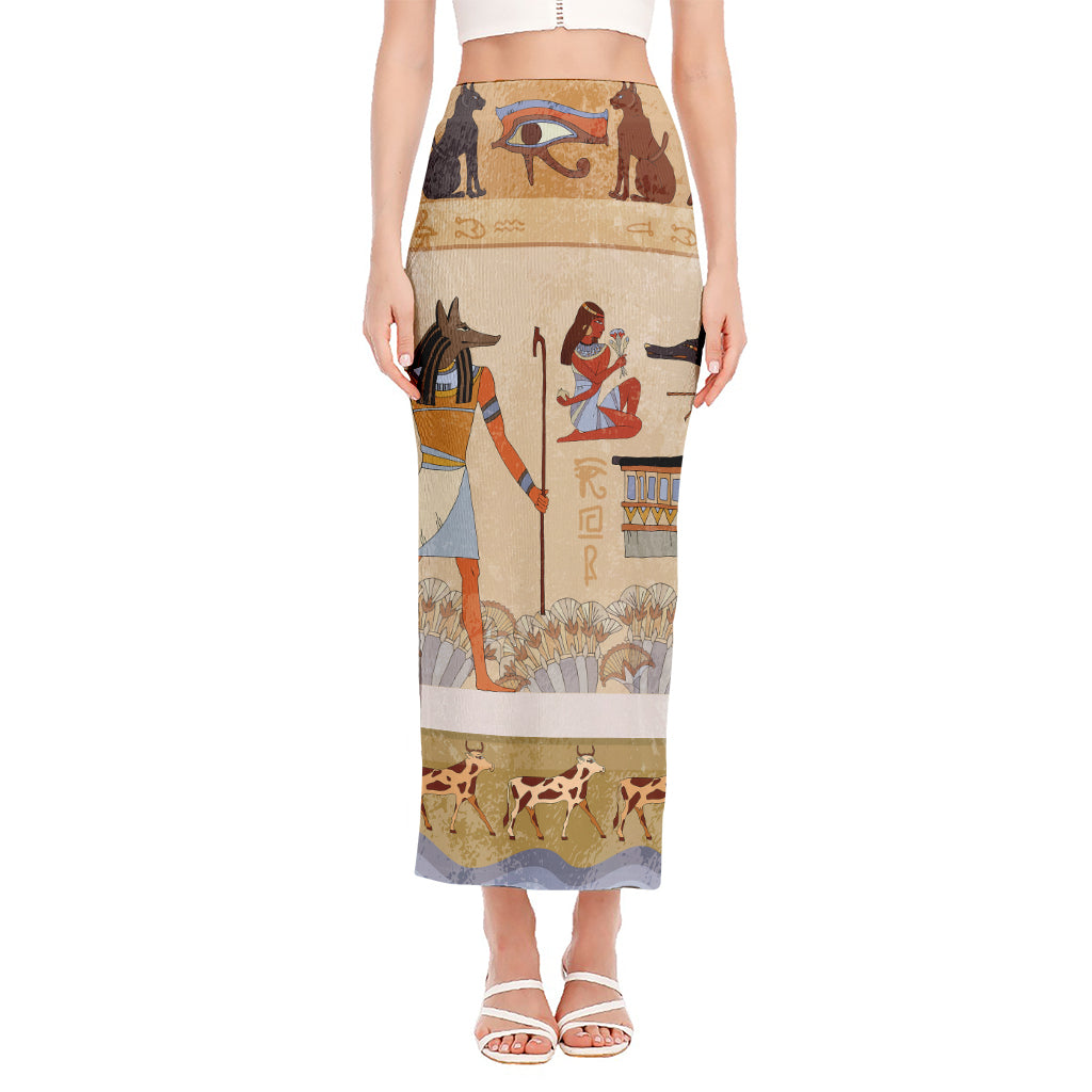 Egyptian Gods And Pharaohs Print Side Slit Maxi Skirt