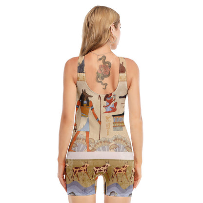 Egyptian Gods And Pharaohs Print Sleeveless One Piece Swimsuit