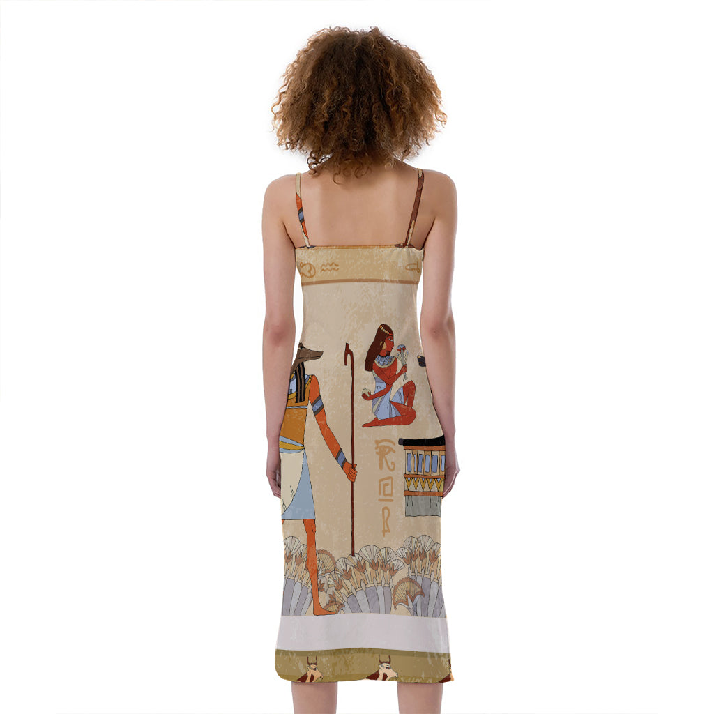 Egyptian Gods And Pharaohs Print Slim Fit Midi Cami Dress