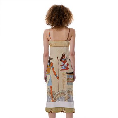 Egyptian Gods And Pharaohs Print Slim Fit Midi Cami Dress