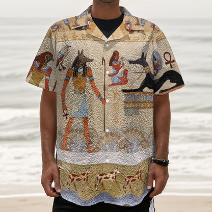 Egyptian Gods And Pharaohs Print Textured Short Sleeve Shirt