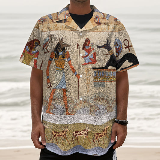Egyptian Gods And Pharaohs Print Textured Short Sleeve Shirt