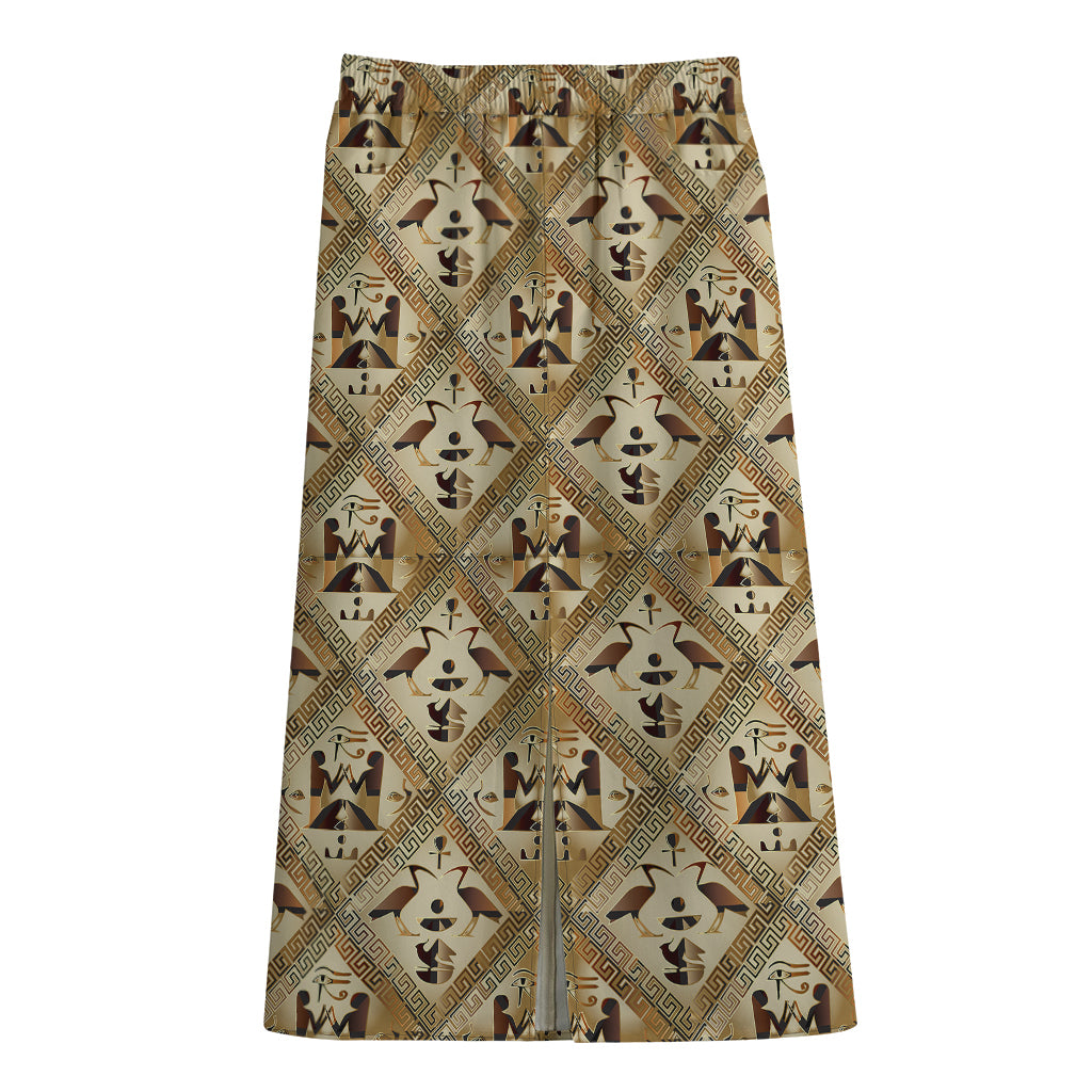 Egyptian Hieroglyphs Pattern Print Cotton Front Slit Maxi Skirt