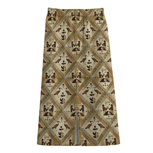Egyptian Hieroglyphs Pattern Print Cotton Front Slit Maxi Skirt