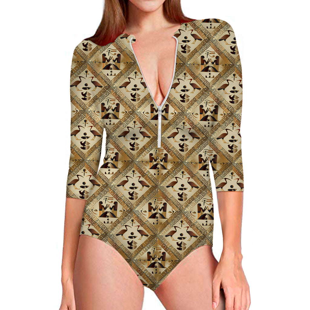 Egyptian Hieroglyphs Pattern Print Long Sleeve Swimsuit