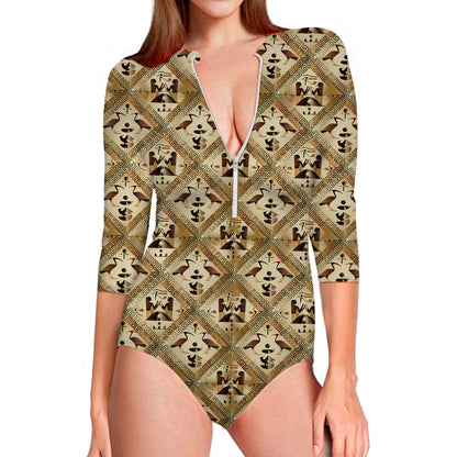 Egyptian Hieroglyphs Pattern Print Long Sleeve Swimsuit