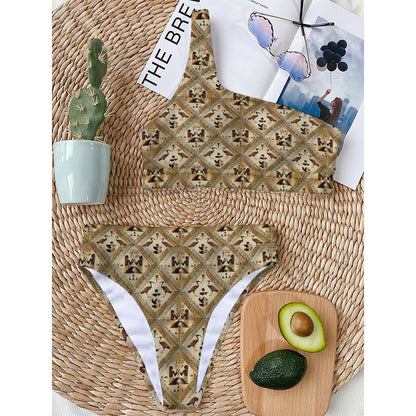Egyptian Hieroglyphs Pattern Print One Shoulder Bikini Top