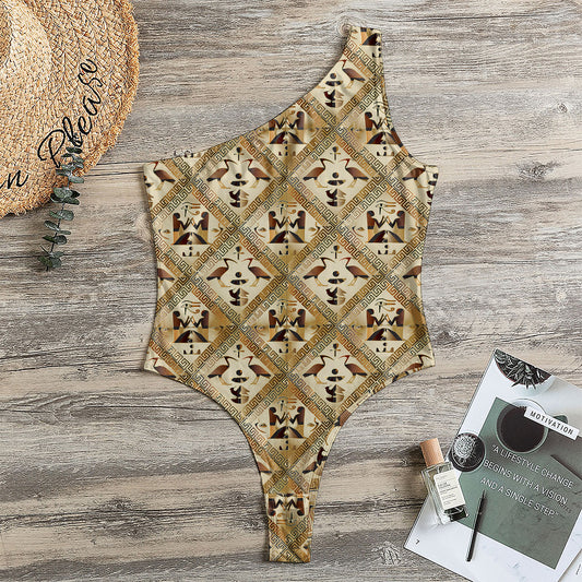 Egyptian Hieroglyphs Pattern Print One Shoulder Bodysuit
