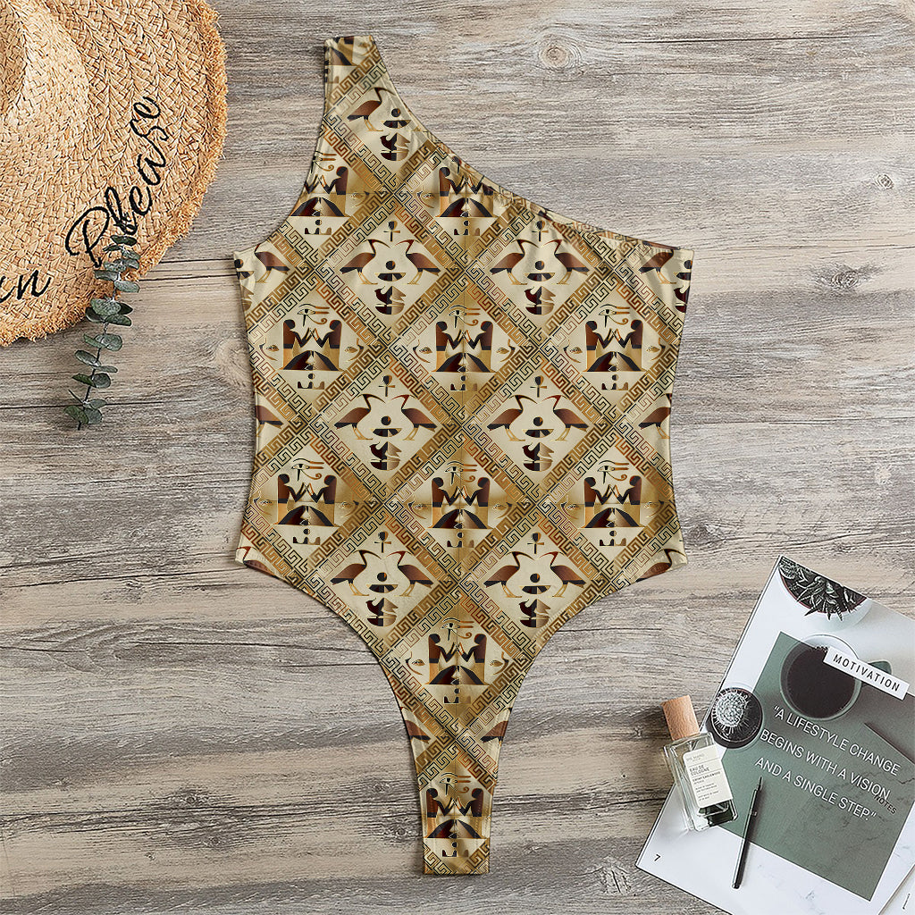 Egyptian Hieroglyphs Pattern Print One Shoulder Bodysuit