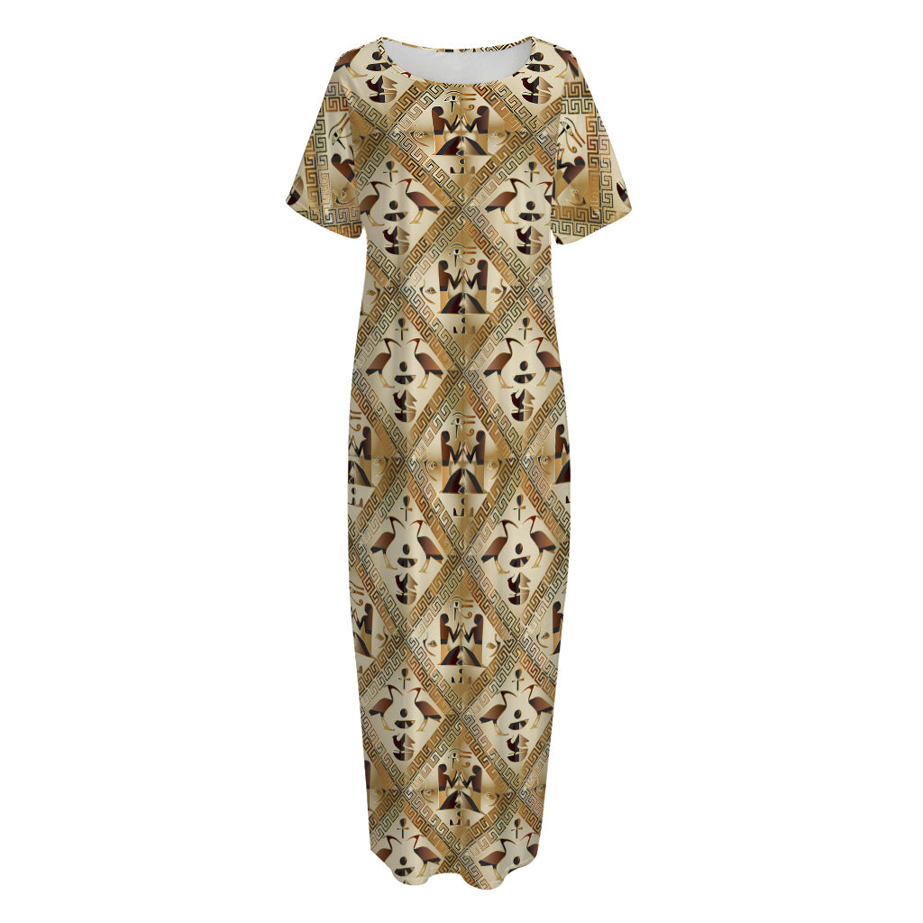 Egyptian Hieroglyphs Pattern Print Short Sleeve Long Nightdress