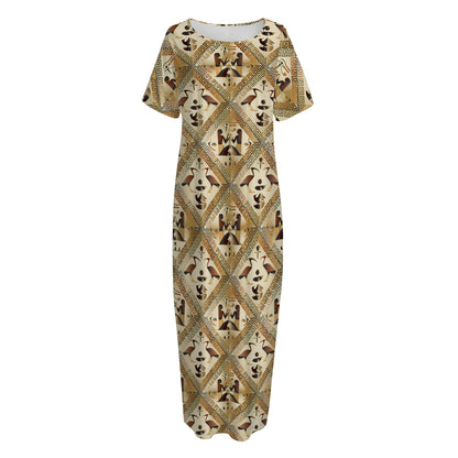 Egyptian Hieroglyphs Pattern Print Short Sleeve Long Nightdress