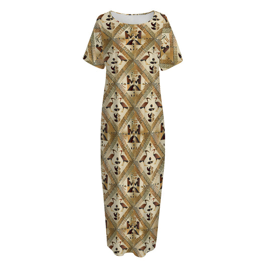 Egyptian Hieroglyphs Pattern Print Short Sleeve Long Nightdress