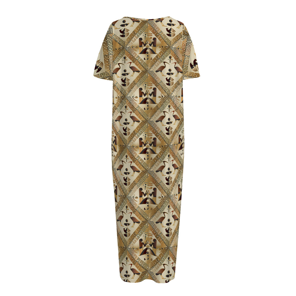 Egyptian Hieroglyphs Pattern Print Short Sleeve Long Nightdress