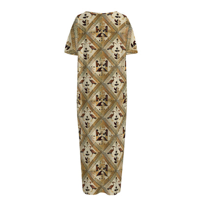 Egyptian Hieroglyphs Pattern Print Short Sleeve Long Nightdress