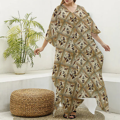 Egyptian Hieroglyphs Pattern Print Silk V-Neck Kaftan Dress