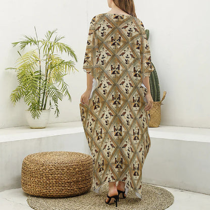 Egyptian Hieroglyphs Pattern Print Silk V-Neck Kaftan Dress
