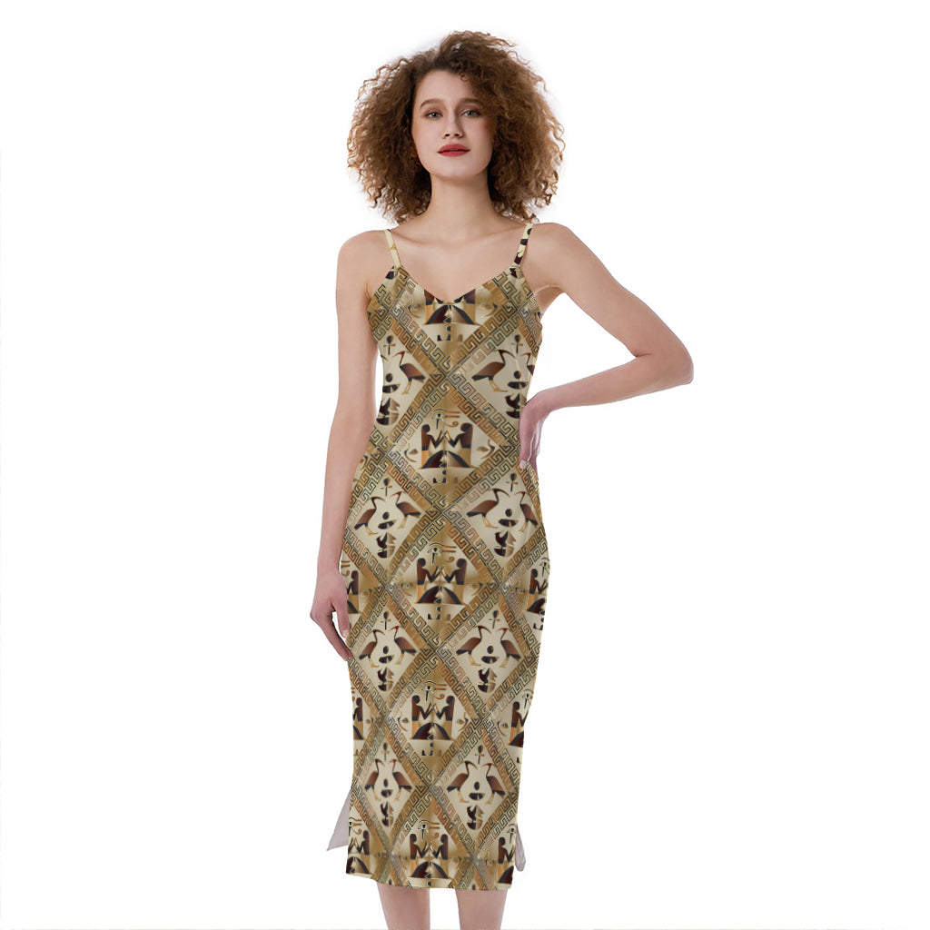 Egyptian Hieroglyphs Pattern Print Slim Fit Midi Cami Dress