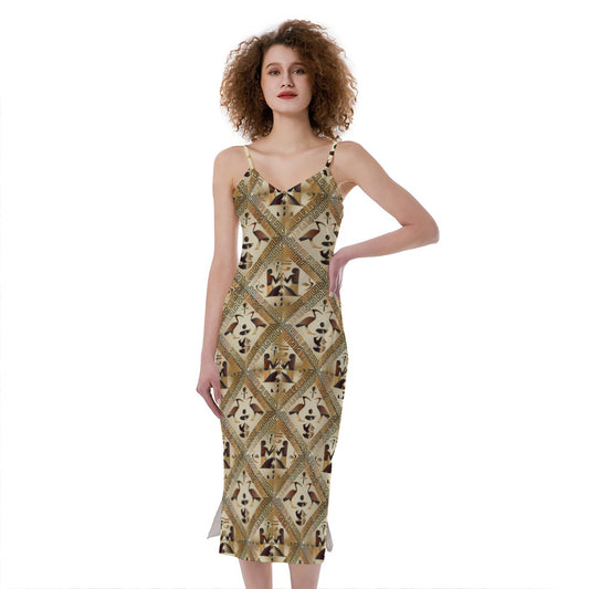 Egyptian Hieroglyphs Pattern Print Slim Fit Midi Cami Dress