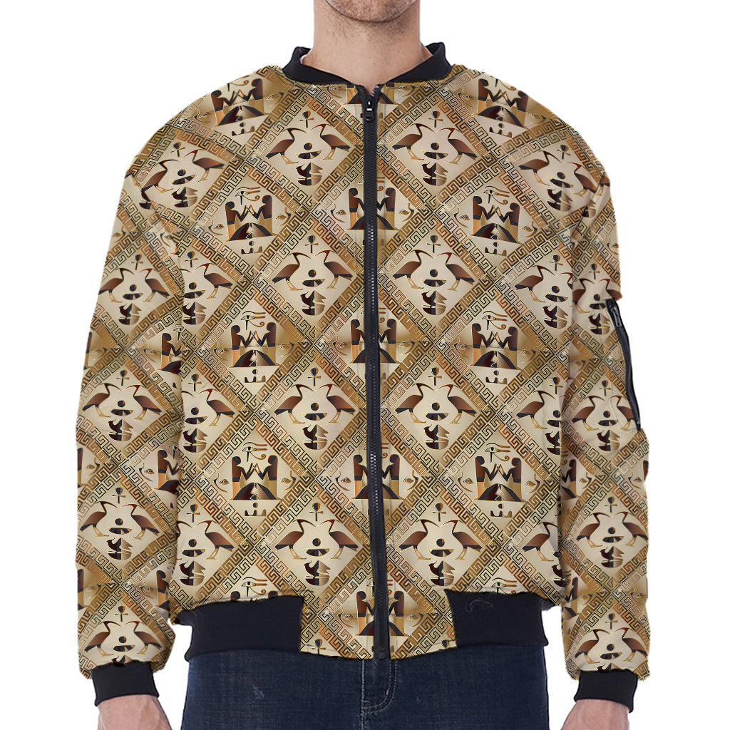 Egyptian Hieroglyphs Pattern Print Zip Sleeve Bomber Jacket