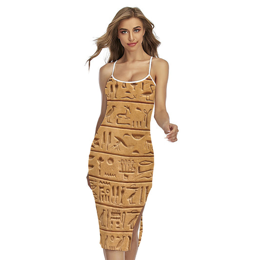 Egyptian Hieroglyphs Print Cross Back Cami Dress