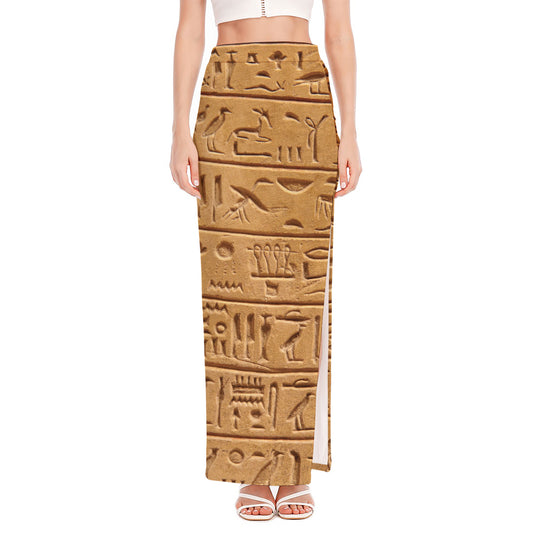 Egyptian Hieroglyphs Print High Slit Maxi Skirt