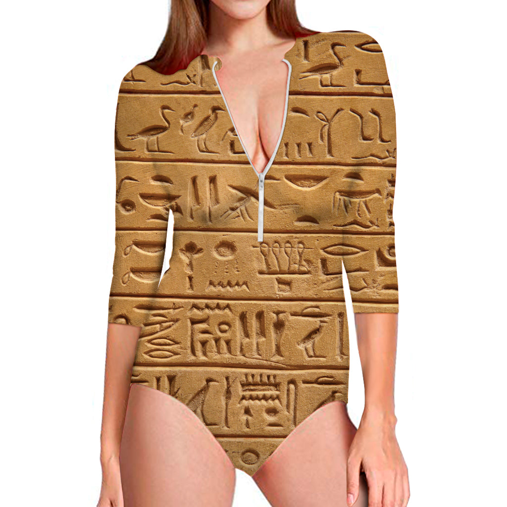 Egyptian Hieroglyphs Print Long Sleeve Swimsuit