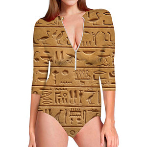 Egyptian Hieroglyphs Print Long Sleeve Swimsuit