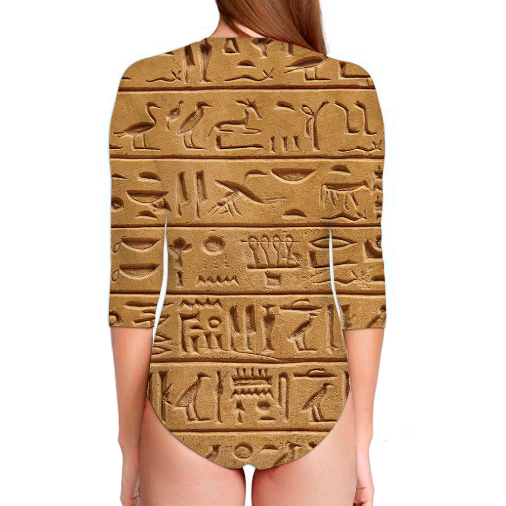 Egyptian Hieroglyphs Print Long Sleeve Swimsuit