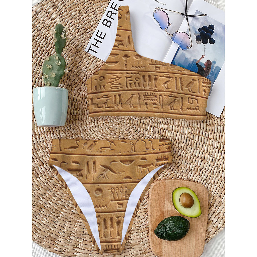 Egyptian Hieroglyphs Print One Shoulder Bikini Top