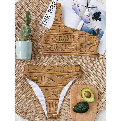 Egyptian Hieroglyphs Print One Shoulder Bikini Top