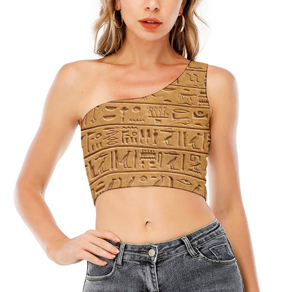 Egyptian Hieroglyphs Print One Shoulder Crop Top
