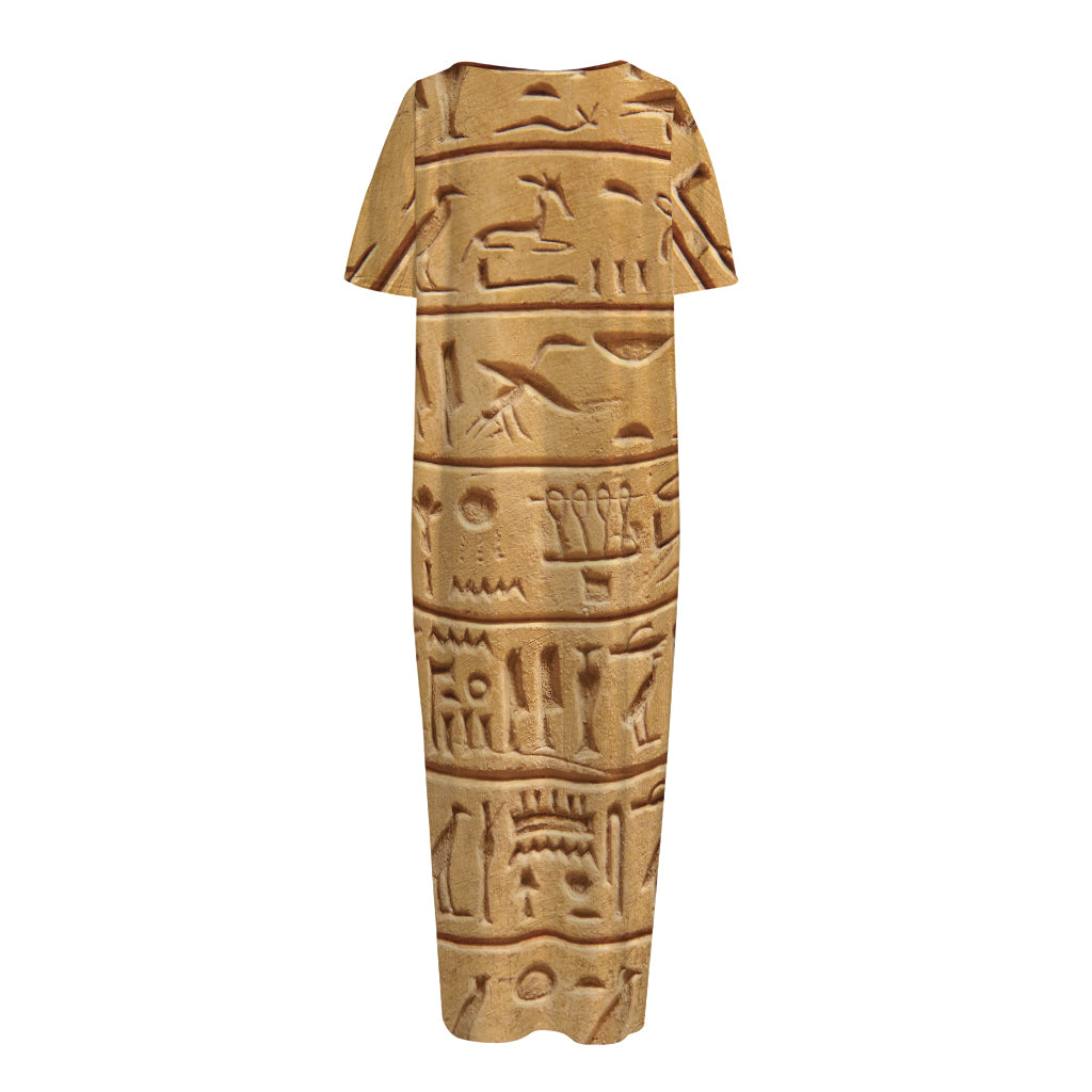 Egyptian Hieroglyphs Print Short Sleeve Long Nightdress