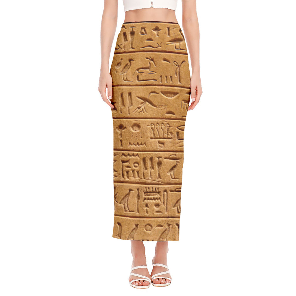 Egyptian Hieroglyphs Print Side Slit Maxi Skirt