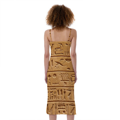 Egyptian Hieroglyphs Print Slim Fit Midi Cami Dress