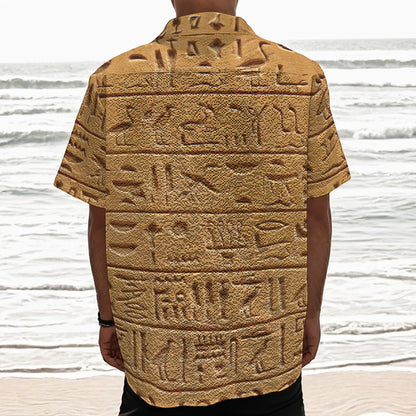 Egyptian Hieroglyphs Print Textured Short Sleeve Shirt