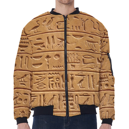 Egyptian Hieroglyphs Print Zip Sleeve Bomber Jacket