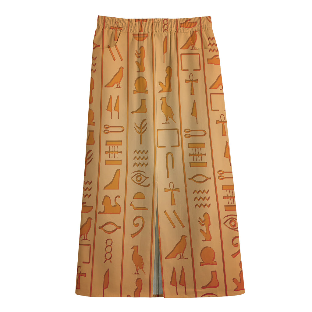 Egyptian Hieroglyphs Symbol Print Cotton Front Slit Maxi Skirt