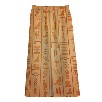 Egyptian Hieroglyphs Symbol Print Cotton Front Slit Maxi Skirt