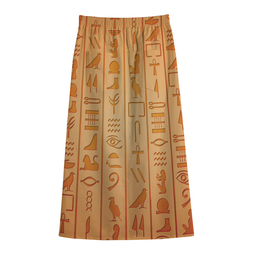 Egyptian Hieroglyphs Symbol Print Cotton Front Slit Maxi Skirt