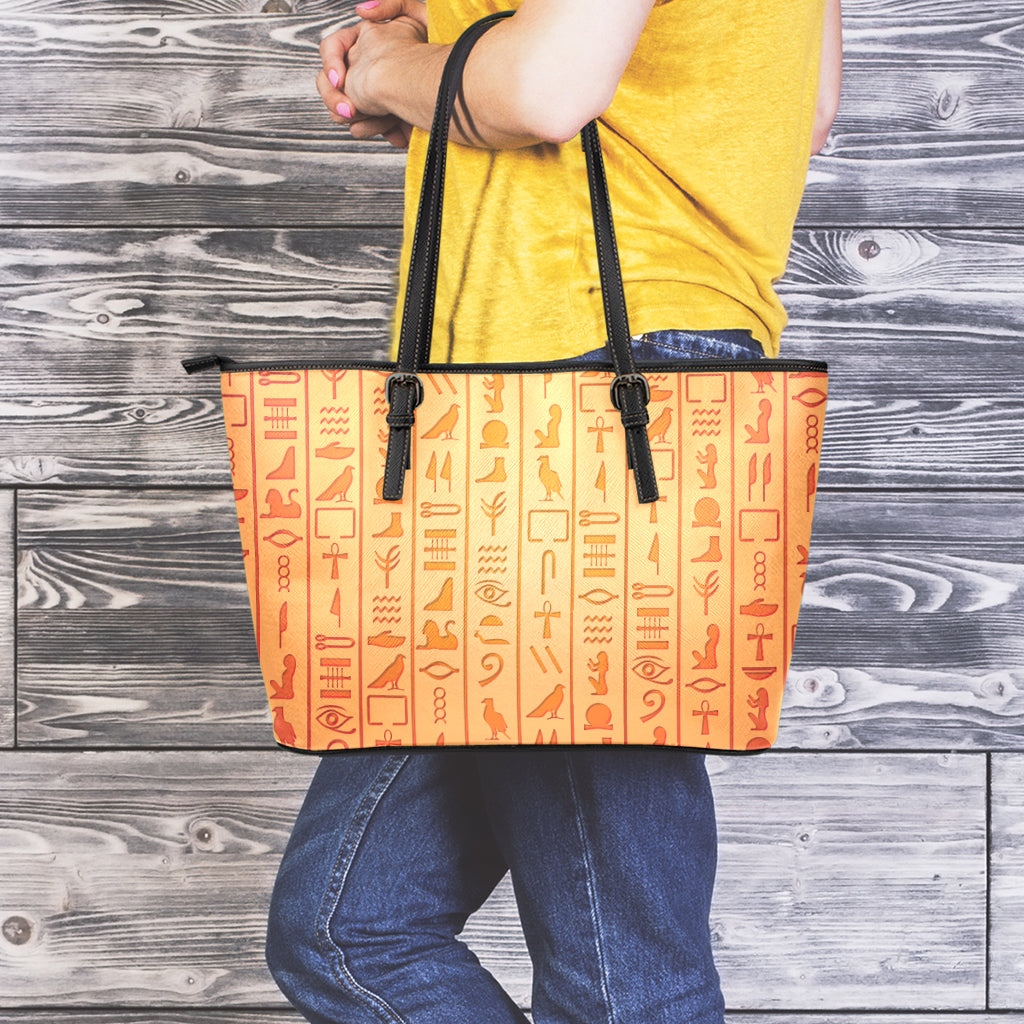 Egyptian Hieroglyphs Symbol Print Leather Tote Bag