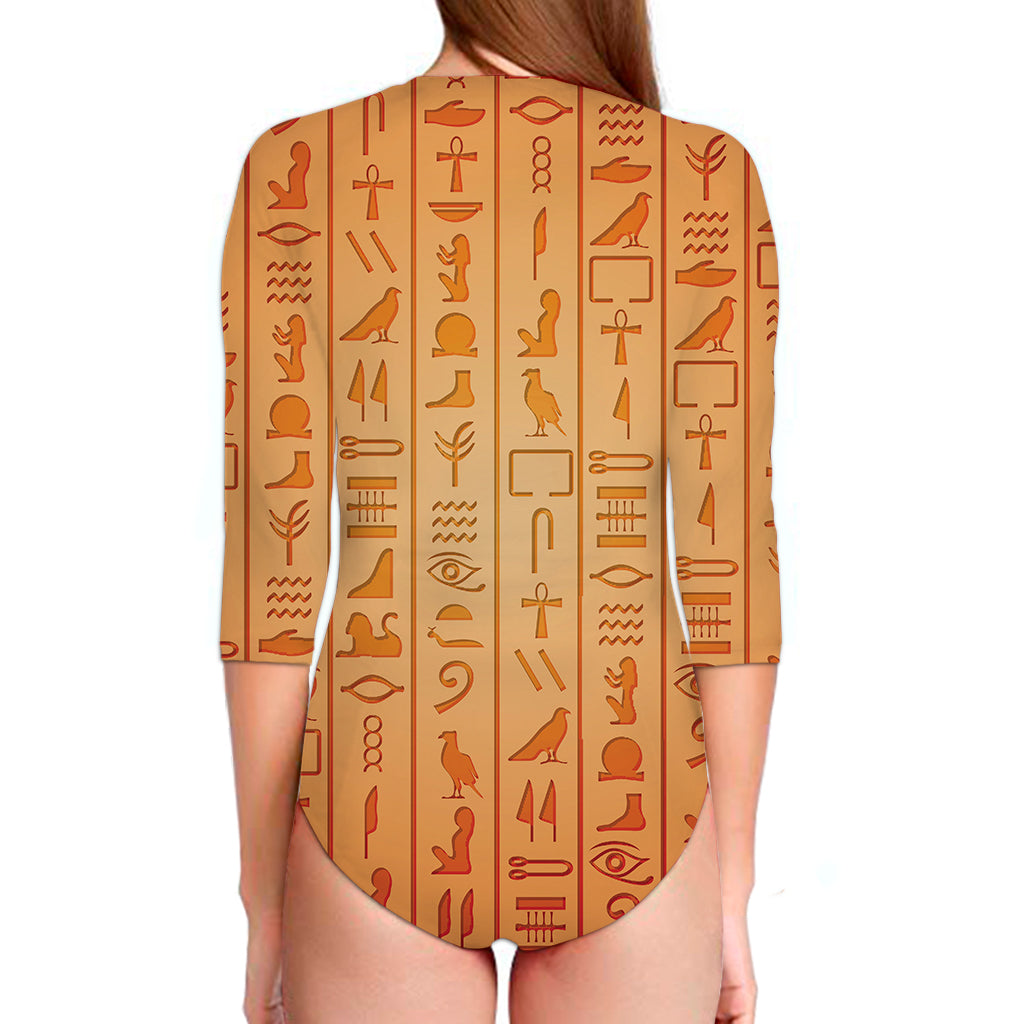 Egyptian Hieroglyphs Symbol Print Long Sleeve Swimsuit