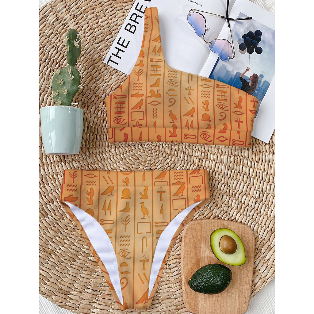 Egyptian Hieroglyphs Symbol Print One Shoulder Bikini Top