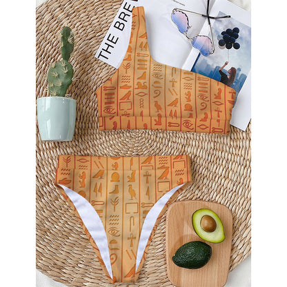 Egyptian Hieroglyphs Symbol Print One Shoulder Bikini Top