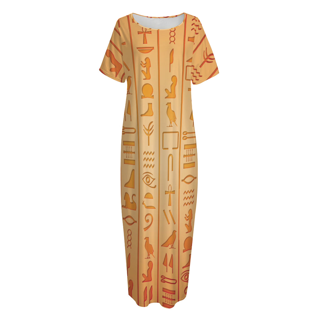 Egyptian Hieroglyphs Symbol Print Short Sleeve Long Nightdress