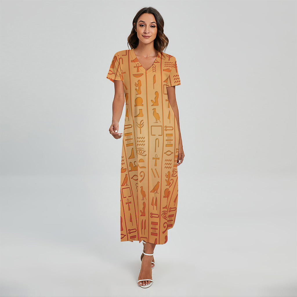 Egyptian Hieroglyphs Symbol Print Short Sleeve Maxi Dress